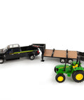 1:32 scale Ford F350 Pickup and John Deere Tractor Toy Set with Gooseneck Trailer, farm playset for kids, realistic details shown