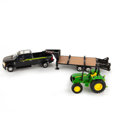 1:32 scale Ford F350 Pickup and John Deere Tractor Toy Set with Gooseneck Trailer, farm playset for kids, realistic details shown