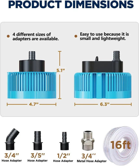 Ultra Quiet Submersible Sump Pump 950 GPH For Pool Draining, adapter sizes and 16ft drain hose, dimensions shown in blue.