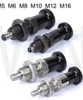 Dead Nuts Heavy Duty Indexing Plungers With Smooth Aluminum Knobs and Spring Loaded Lock Pins, M5 M6 M8 M10 M12 M16 sizes