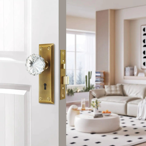 Crystal Glass Mortise Lock Set With Antique Brass Finish Interior Door Knobs And Skeleton Key For Old School Style Doors installed