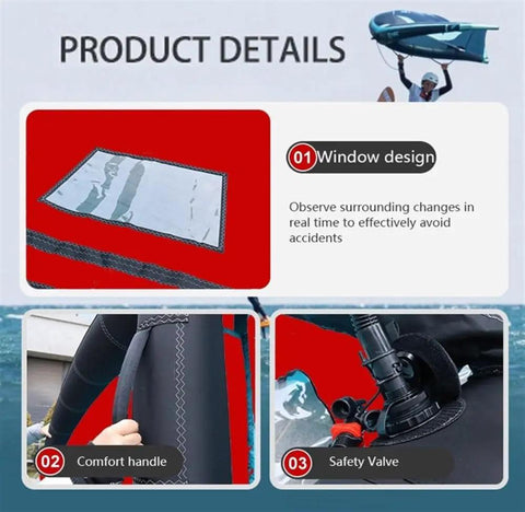 Detailed view of Wind Foil Wing For Surfing And Kitesurfing, Inflatable Handheld Wing With Durable TPU Canopy And Nylon Handle features.