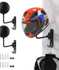 Beefy 180 Degree Swivel Helmet Wall Mount Heavy Duty Aluminum Helmet Holder For Motorcycle And Bike Gear Durable Wall Rack To Hang Racing Outerwear 2 Pack shown installed with helmet and jacket