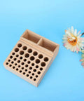 Leather Tool Holder With 48 Holes Wooden Craft Tool Stand Beech Wood Rack Organizer, top view on blue background