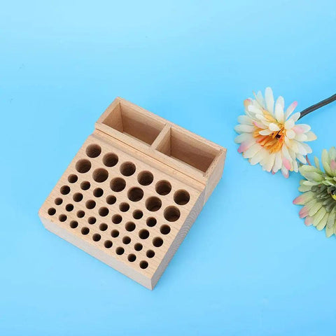 Leather Tool Holder With 48 Holes Wooden Craft Tool Stand Beech Wood Rack Organizer, top view on blue background