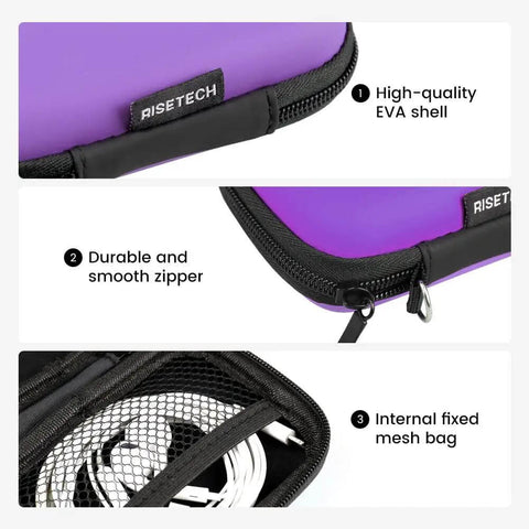 Heavy Duty Hardshell Eva Earbud Case And Dope Headphone Pouch With Warm Flannel Lining For Your Daily Tech Setup Phone Chargers Cables And Memory Cards Ultimate Travel Bag In Purple showing high-quality EVA shell, durable zipper, and internal mesh.