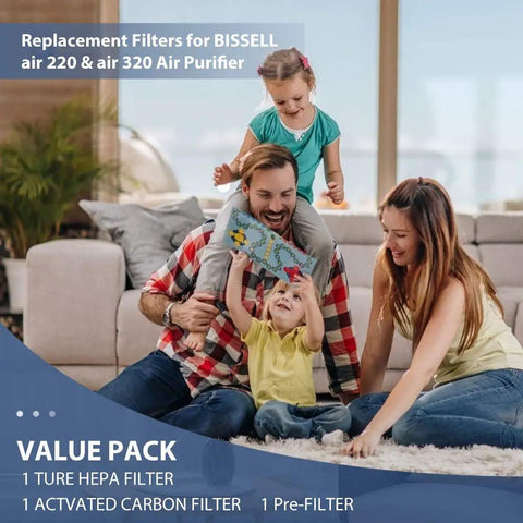 Air 220 Filter Replacement Kit For Bissell Air320 Air Purifier Includes 2678 True HEPA Filter With Pre Filter And 2677 Activated Carbon Filter All In One Set For Hassle Free Clean Fresh Air At Home shown with family enjoying clean air