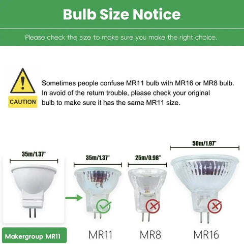 Top Notch MR11 GU4.0 BiPin LED Bulb 3W 12V AC DC Low Voltage with size comparison to MR8 and MR16 bulbs
