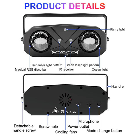 Sound Activated Disco Light Projector With Remote Control For Parties Bar Karaoke KTV Xmas Christmas Halloween Dance Floors and Home Entertainment showing labeled product details