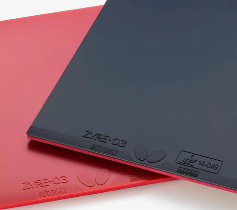 Red Zyre 03 High Tension Inverted Table Tennis Rubber With Spring Sponge X And Ricosheet, angled stack view.
