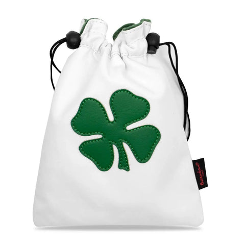 White Leather Golf Valuables Pouch with Drawstrings, green shamrock design, Tee Pouch for Golfers, Premium PU Leather