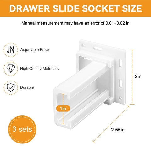 Bulletproof RV Drawer Slides 3 Pack With Four Way Adjustable Base Fits 1 Inch Channels Glide Like Butter For Hassle Free Kitchen Setup That Stays Rock Solid Every Single Time, white slide socket, 1in wide, 2.55in high.