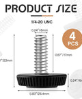 4 Pack 1/4-20 Adjustable Furniture Levelers showing size dimensions and details of galvanized steel screw-in leveling feet.