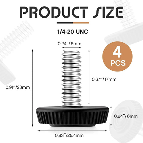4 Pack 1/4-20 Adjustable Furniture Levelers showing size dimensions and details of galvanized steel screw-in leveling feet.