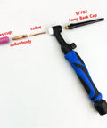 Top Tier 5 Or 10 Pack Of Heavy Duty Long Back Caps For WP-17 WP-18 And WP-26 TIG Welding Torch Heads displayed with torch and parts.