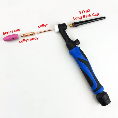 Top Tier 5 Or 10 Pack Of Heavy Duty Long Back Caps For WP-17 WP-18 And WP-26 TIG Welding Torch Heads displayed with torch and parts.