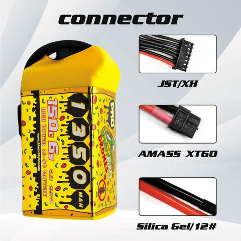 Speedy Pizza 1350mAh 6S LiPo Battery 22.2V 150C with XT60 plug detail, showing JST/XH, AMASS XT60 connectors, and Silica Gel/12#