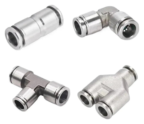 Rock Solid 304 Stainless Steel Pneumatic Air Hose Fittings, quick connect couplings, various shapes for heavy duty use.