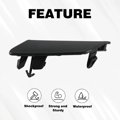 Toyota Corolla Front Tow Eye Cover Cap Replacement For Front Bumper Fits 2020 2021 2022 LE L XLE Hybrid Models Durable ABS Plastic Gloss Finish Easy Snap In Installation side view with feature icons for shockproof, sturdy, and waterproof properties
