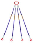 Kivomot four-leg polyester lifting sling with purple straps and red hooks, master ring, 5 ft long