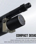 DC House heavy-duty hydraulic linear actuator, angled view, black cylinder with mounting bracket, 12in stroke
