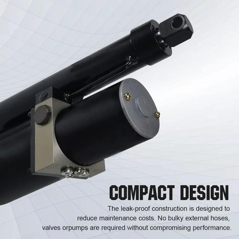 DC House heavy-duty hydraulic linear actuator, angled view, black cylinder with mounting bracket, 12in stroke