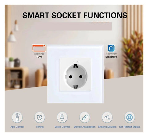 Rock Solid EU Wifi Smart Socket With Slick Tempered Glass Panel for heavy duty appliances, featuring smart control options.