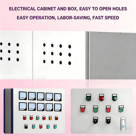 Electrical cabinet panel with holes punched by Rechargeable Hydraulic Hole Punch Kit With Six Dies 22 To 60Mm, 21V Cordless Punch Tool