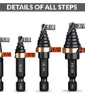Durable Spiral Flute Step Drill Bit Set, DIY Friendly, 4 Piece HSS Unibit Range From One Eighth To Five Eighths Inch, With One Quarter Inch Shank For Metal Aluminum Steel Wood Plastic Thinkwork details shown in steps.