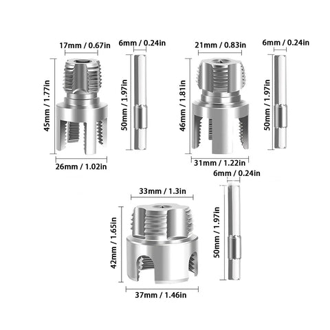 Gowenic 4 In 1 Pipe Threader Tool Kit for Electric Drill showing different tap dies sizes 1/2 inch, 3/4 inch, and 1 inch made of alloy steel.