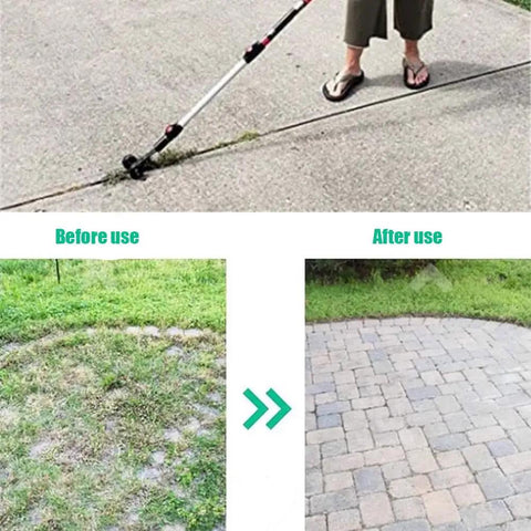 Adjustable Stand Up Weed Puller With Wheels For Garden Patio Backyard Lawn Sidewalk And Driveways Back Saving Easy Pull Weeding Tool showing before and after cleaning results