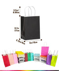 32 Pack Small Paper Gift Bags With Handles In 16 Color Variations 8.3 By 6 By 3.15 Inches Durable Recycled Thick Paper Great For Party Favors Gifts Crafts And DIY Projects displayed with measurements, highlighting black bag and assorted colors.