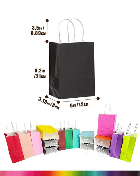 32 Pack Small Paper Gift Bags With Handles In 16 Color Variations 8.3 By 6 By 3.15 Inches Durable Recycled Thick Paper Great For Party Favors Gifts Crafts And DIY Projects displayed with measurements, highlighting black bag and assorted colors.