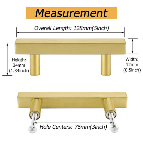 Brushed Brass Cabinet Pulls 3 Inch T Bar Drawer Handles with measurements