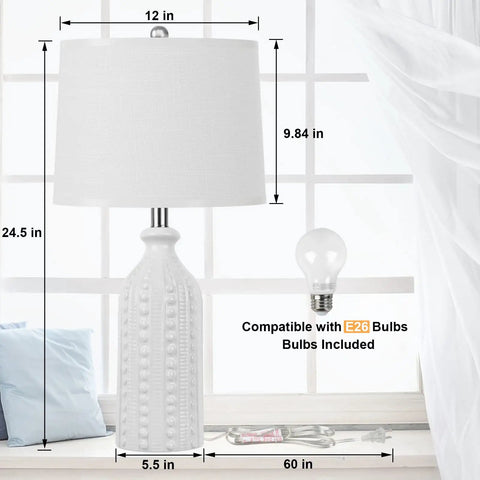 Set Of 2 White Ceramic Table Lamps 24.5 Inches Tall 3 Way Dimmable Bedside Lights With White Drum Shade Modern Nightstand Lamps