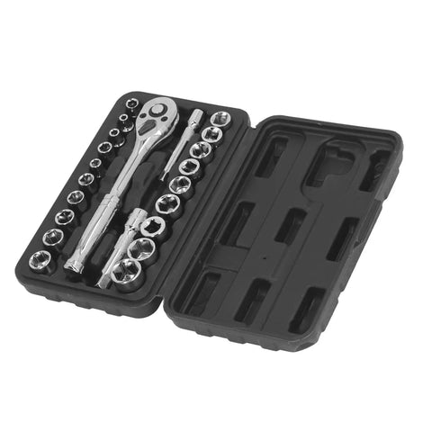 Open case showing Pro Grade Hex Socket Wrench Set With 72 Tooth Quick Release Reversible Ratchet For Automotive Repair Garage Ready 20 Piece Vanadium Steel Tool Kit Includes Three Eighths And One Quarter Inch Sockets Extensions And Durable Case.