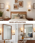 Stepeak Vintage Gold Wireless Wall Sconces Battery Operated, Walnut Wood Rechargeable Wall Lights Set of 2 in bedroom and bathroom decor.