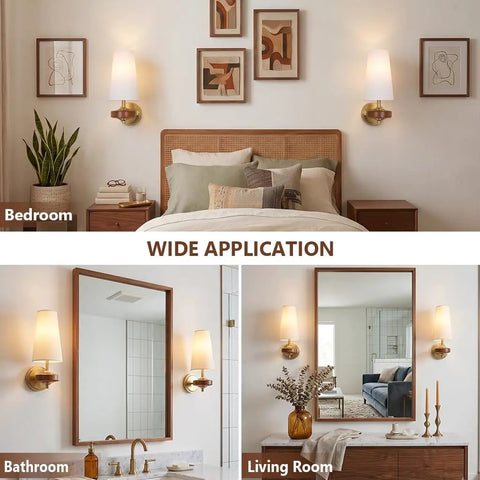 Stepeak Vintage Gold Wireless Wall Sconces Battery Operated, Walnut Wood Rechargeable Wall Lights Set of 2 in bedroom and bathroom decor.