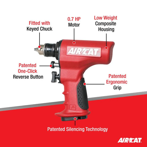 1/2-Inch Heavy Duty Reversible Composite Drill Air Tool With Keyed Chuck, Quiet Silencing Tech, 400 RPM, 0.7 HP, Lightweight Ergonomic Grip