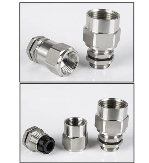 Stainless Steel Conduit Cable Gland Salt Spray Resistant Compatible With M20 M25 Metric Fittings, showcasing two cable glands with rubber seal.