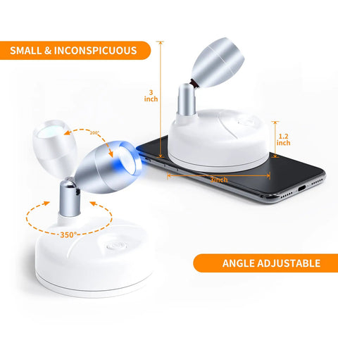 Cordless Indoor RGBW LED Spotlight Kit with rotatable head showing size comparison with smartphone.