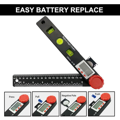 Hella Precise Digital Angle Finder Ruler Featuring LCD Screen With Three Sixty Degree Range Plus Locking Mechanism For Woodworking Construction And Miter Saw DIY Tasks Delivers Sweet Accuracy Every Time showing easy battery replacement.