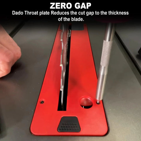 Top Shelf Zero Clearance Replacement Insert For Ten Inch Table Saw, red dado throat plate with mounting holes and smooth finish.