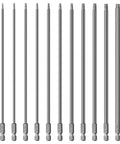Heavy Duty Extra Long Torx Security Bit Set Built Tough To Knock Out Tight Jobs With Hella Durable S2 Steel Magnetic Quarter Inch Hex Shank 11 Piece Tamperproof Star Driver Kit For Pro Repair Work showing 11 long S2 steel bits.