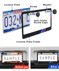 Matte Aluminum Alloy License Plate Frame Kit For BMW Front And Rear Mount, showing frame installation and before-after use.