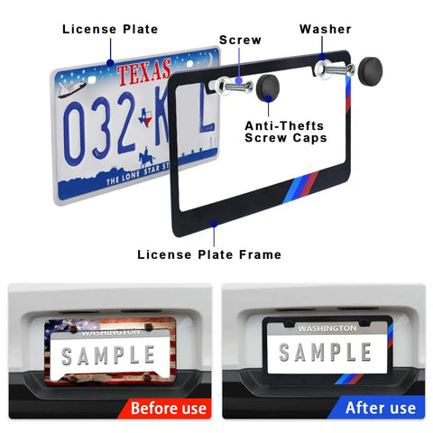 Matte Aluminum Alloy License Plate Frame Kit For BMW Front And Rear Mount, showing frame installation and before-after use.