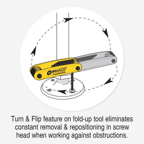 Illustration showing turn and flip feature of Triple Pack Ball End Hex L-Wrench Set with Fold-Up Star Torx for tight spaces