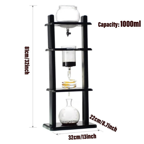 Keep It Chill Cold Drip Coffee Machine And 1000ML Glass Cold Brew Coffee Tower With Solid Wood Frame, 1000ml capacity.