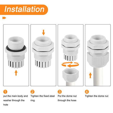 All-In-One Cable Gland Kit For Diyers With Fifty-Two Adjustable Connectors, installation steps for weatherproof nylon conduit fittings.