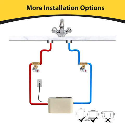 Straight Up Instant Hot Water Recirculating Pump Kit With Built In Digital Thermostat And Timer Under Sink System installation diagram showing pipes and unit.